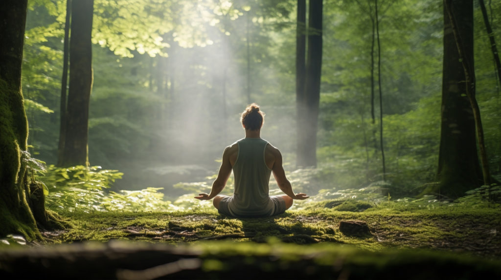 Man practicing yoga meditation outdoors in nature