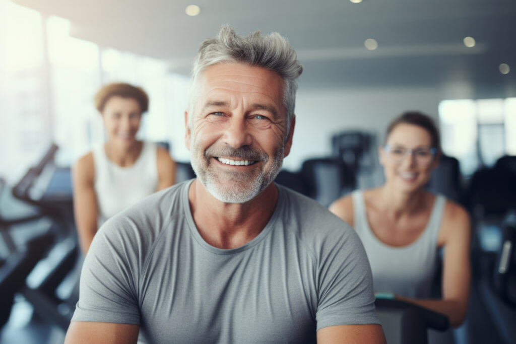 middle age people group happy expression in a gym. fitness teach