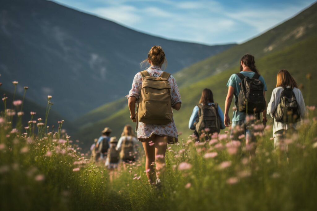 People taking part of sustainable travel in a flowered mountain