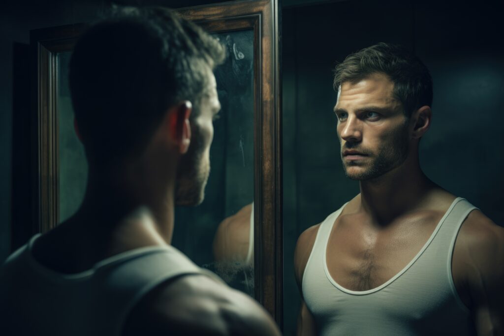 An attractive man watching himself in a mirror